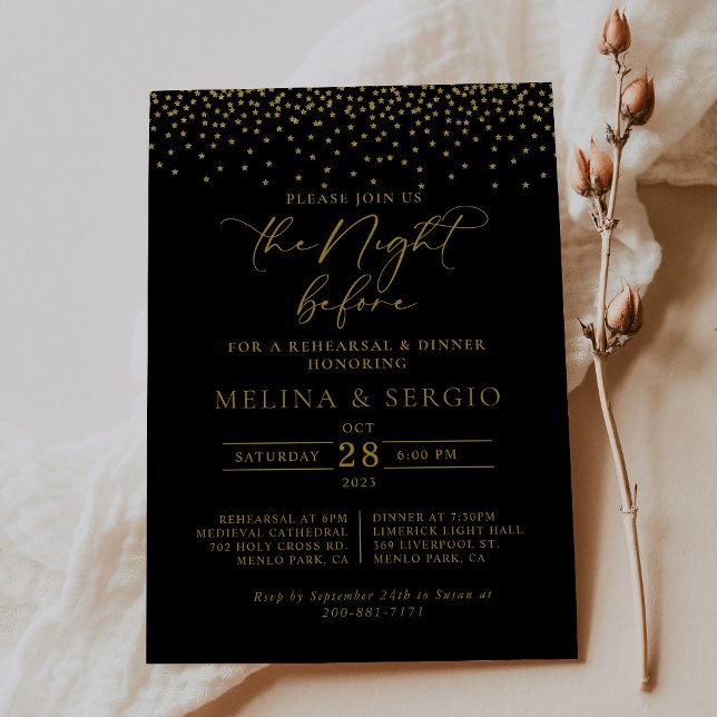 Invitación Cena de ensayo de oro de Confetti Boho negro (Subido por el creador)