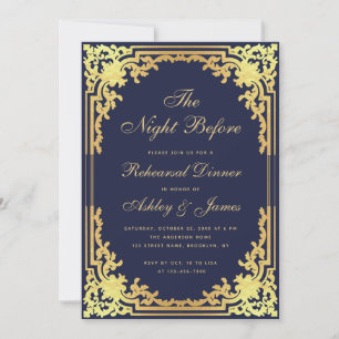 Invitación Cena de ensayo de oro de imitación azul de la mari