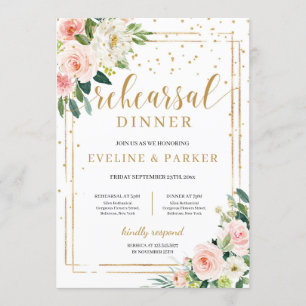 Invitación Cena de ensayo de oro floral rosa rosa rubor boho