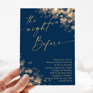 Invitación Cena de ensayo de oro y azul marino