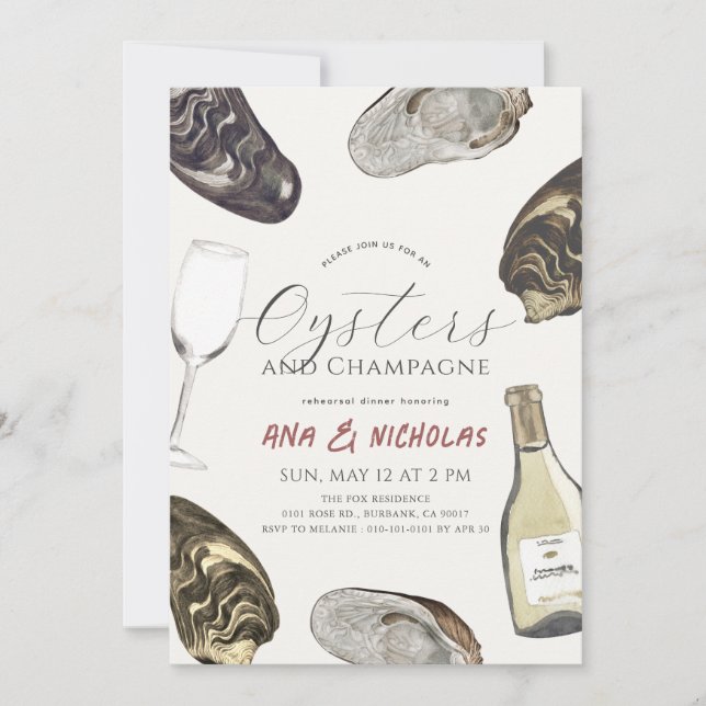 Invitación Cena de ensayo de ostras y champán (Anverso)