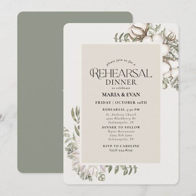 Invitación Cena de ensayo de óvalo floral de invierno de vege (Anverso / Reverso)