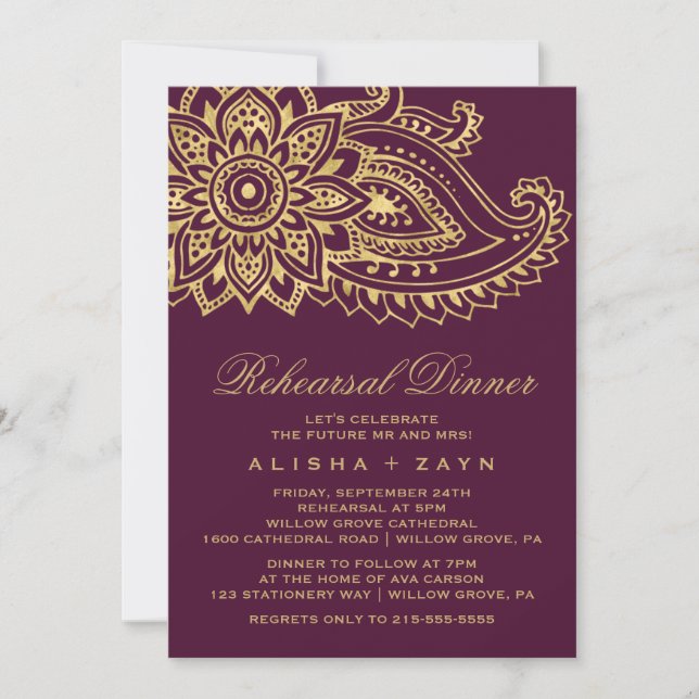Invitación Cena de ensayo de paisley indio de oro (Anverso)