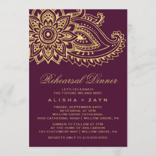 Invitación Cena de ensayo de paisley indio de oro