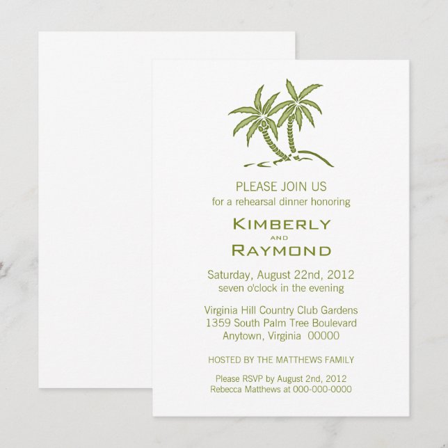 Invitación Cena de ensayo de palmeras gemelas verdes tropical (Anverso / Reverso)