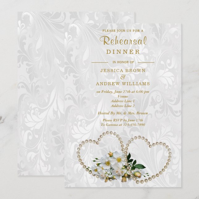 Invitación Cena de ensayo de Pearl Hearts & Flowers Damask (Anverso / Reverso)