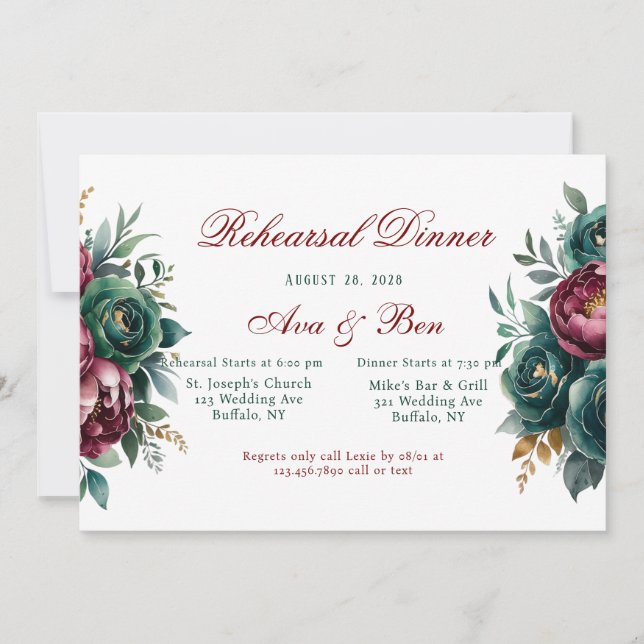 Invitación Cena de ensayo de Peonía Verde de la Esmeralda de  (Anverso)