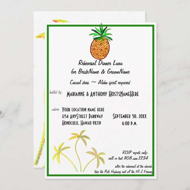 Invitación Cena de ensayo de Piña Luau (Anverso / Reverso)