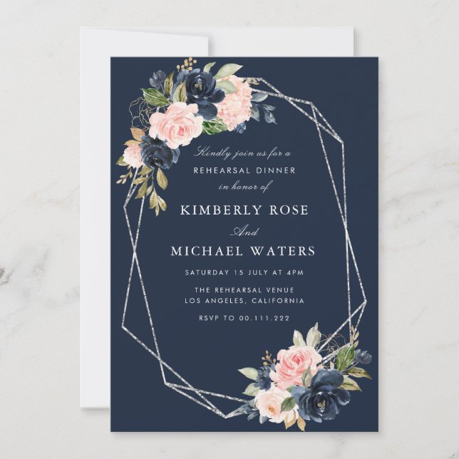 Invitación Cena de ensayo de plata floral ruidosa y marina (Anverso)
