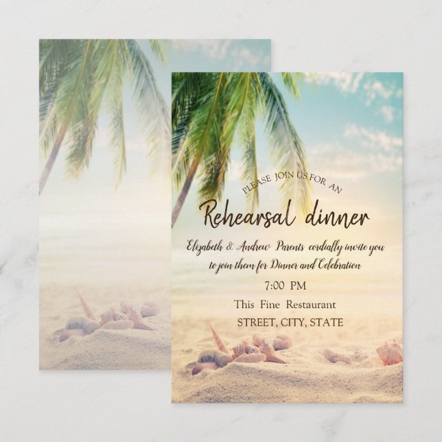 Invitación Cena de ensayo de playa, palmera, estrella de mar, (Anverso / Reverso)