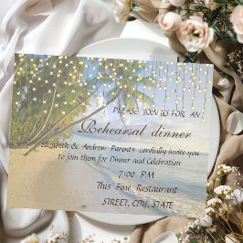 Invitación Cena de ensayo de playa tropical, palmeras, luces 