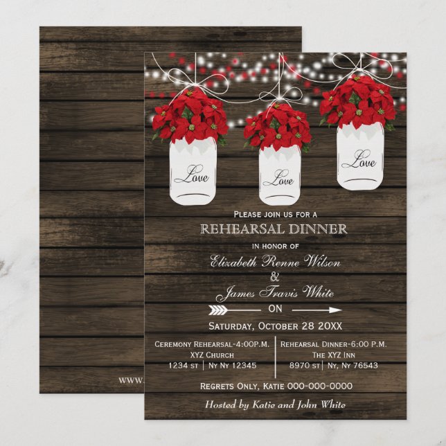 Invitación Cena de ensayo de poinsettias de tarro de albañil  (Anverso / Reverso)