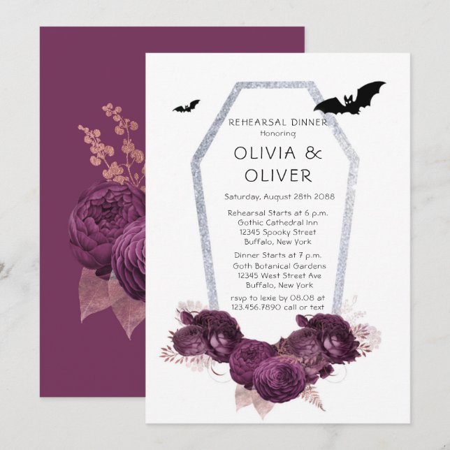 Invitación Cena de ensayo de púrpura plateada Peony Coffin Ba (Anverso / Reverso)