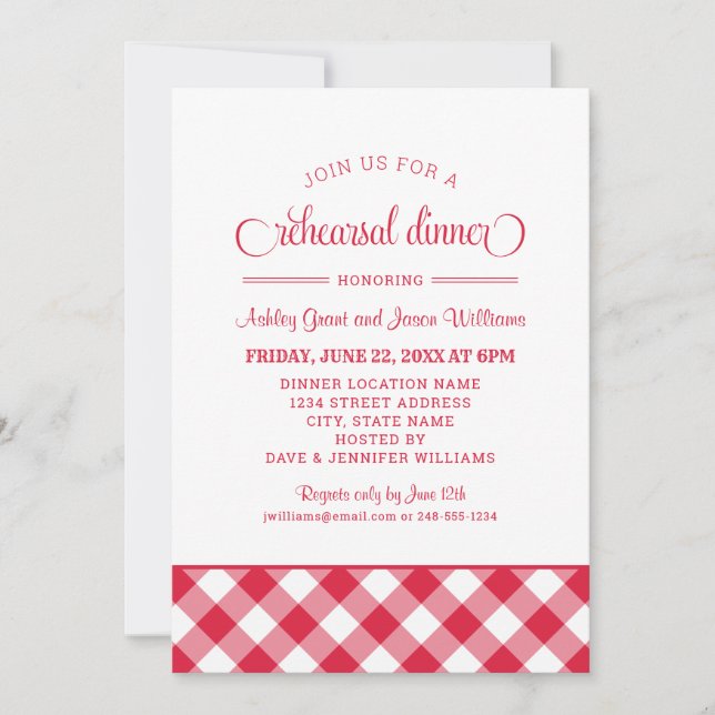 Invitación Cena de ensayo de Red Gingham Boda (Anverso)