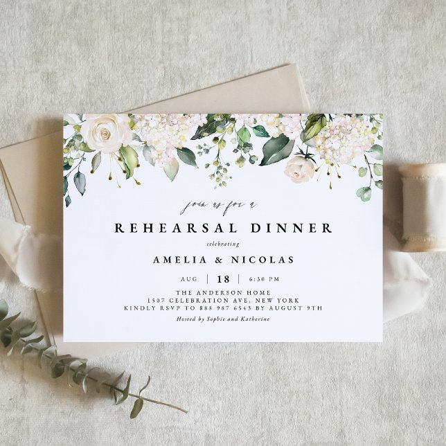 Invitación Cena de ensayo de rosas blancas e hidrangeas (Subido por el creador)