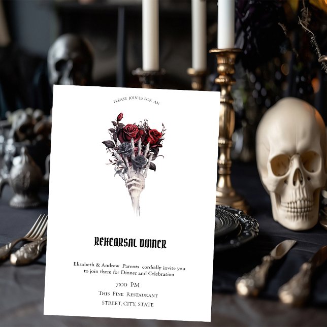 Invitación Cena de ensayo de rosas rojas góticas con esquelet (Subido por el creador)