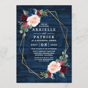 Invitación Cena de ensayo de Rubor de la Marina Blue Burgundy