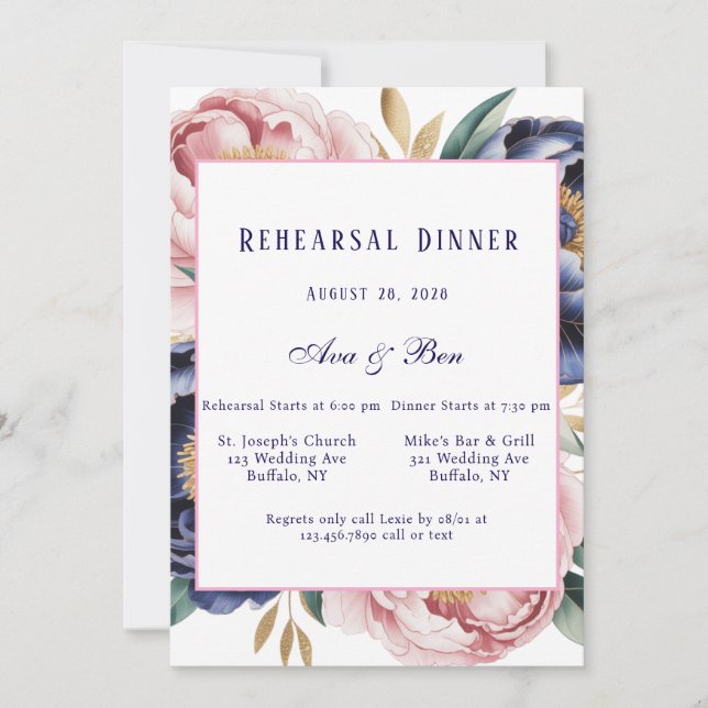 Invitación Cena de ensayo de Rubor y Marina Blue Peony (Anverso)