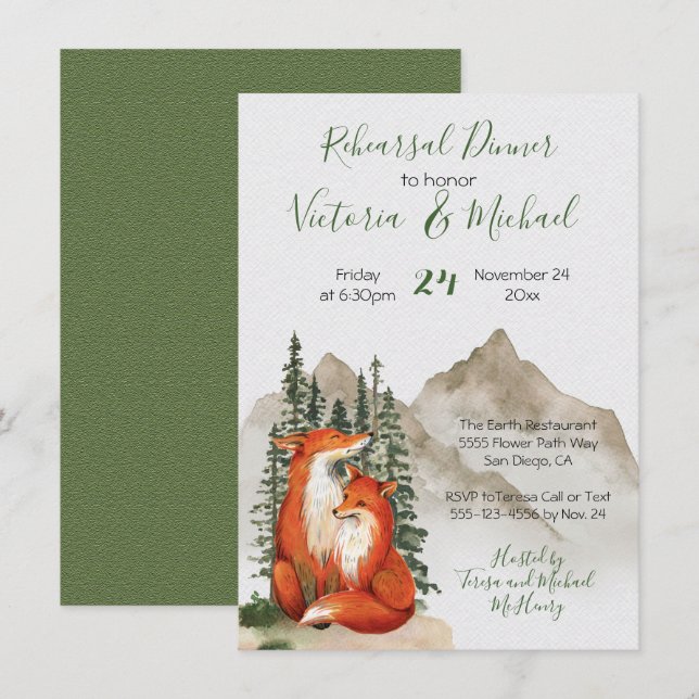 Invitación Cena de ensayo de Rustic Watercoler Forest Fox (Anverso / Reverso)