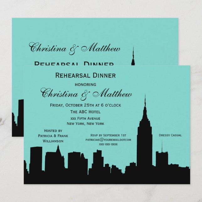 Invitación Cena de ensayo de silueta en la línea aérea de NYC (Anverso / Reverso)