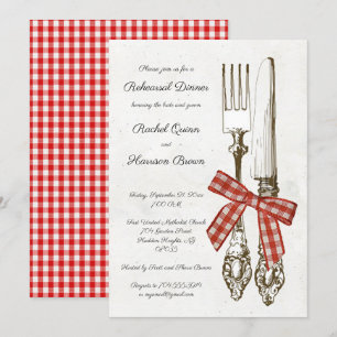 Invitación Cena de ensayo de Silverware y Red Checkered