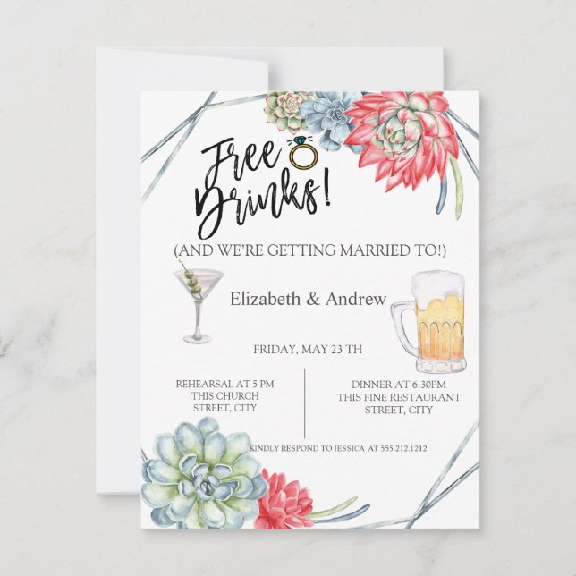 Invitación Cena de ensayo de suculentas, bebidas gratis  (Anverso)