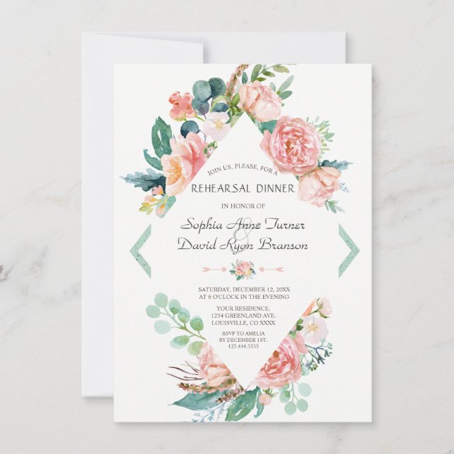 Invitación Cena de ensayo de tonos de agua Rubor White Peonie (Anverso)
