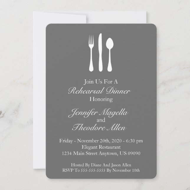 Invitación Cena de ensayo de utensilios clásicos (gris oscuro (Anverso)