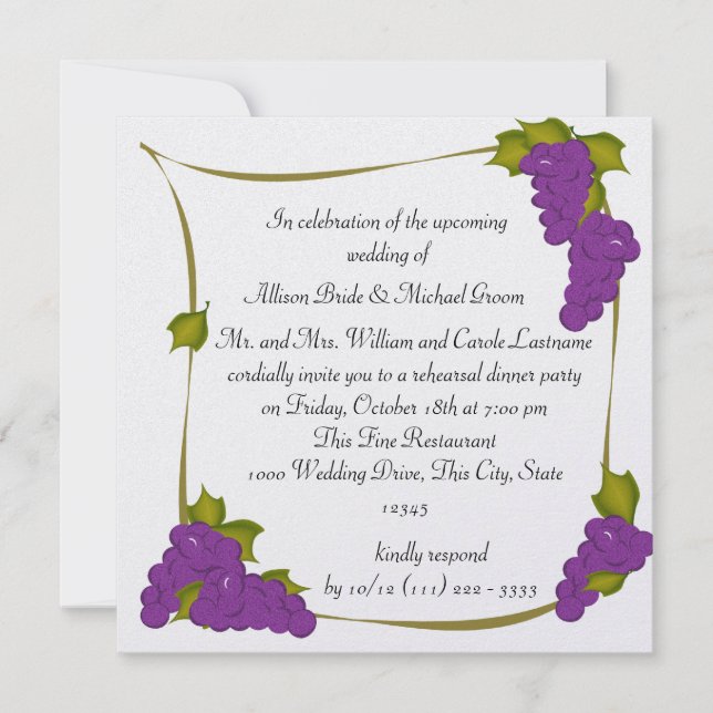 Invitación Cena de ensayo de uvas de cosecha de viñas (Anverso)