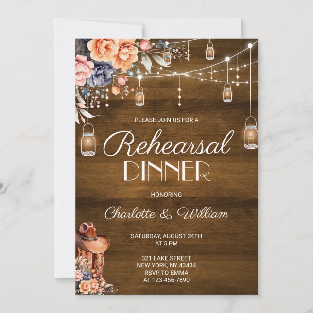 Invitación Cena de ensayo de vaquero occidental rústico (Anverso)