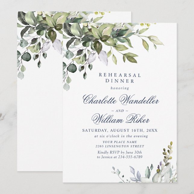 Invitación Cena de Ensayo de Verde Eucalipto Acuarela (Anverso / Reverso)