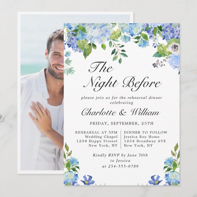 Invitación Cena de Ensayo de Verde Hidrangea Azul Elegante (Anverso / Reverso)