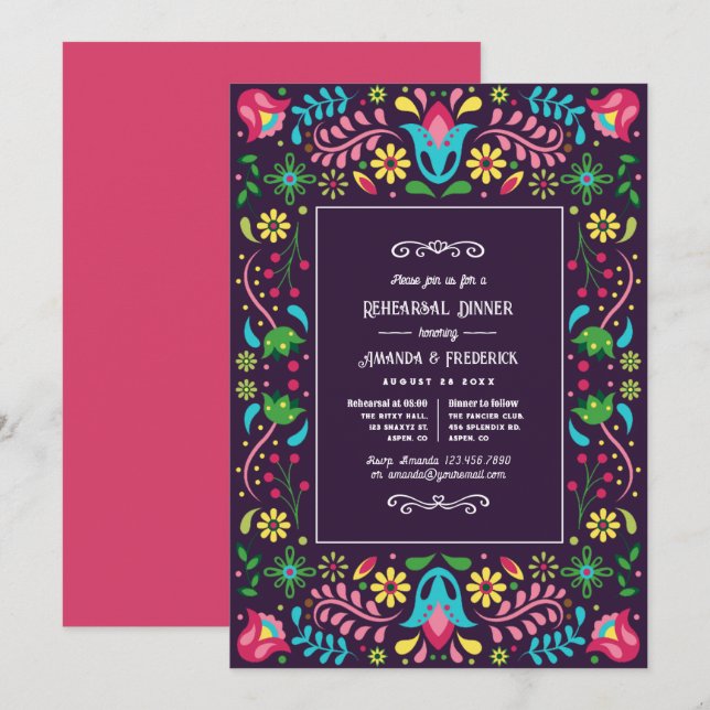 Invitación Cena de ensayo de vibrante fiesta mexicana (Anverso / Reverso)