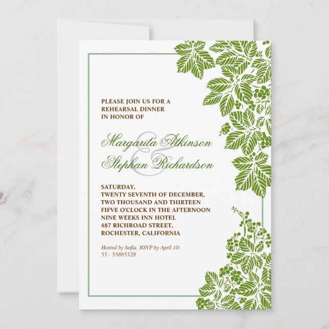 Invitación cena de ensayo de viñedos verdes y blancos invitac (Anverso)