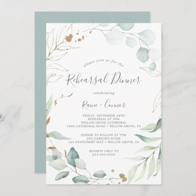 Invitación Cena de ensayo de Wreath Airy Greenery & Gold Leaf (Anverso / Reverso)