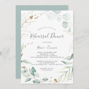 Invitación Cena de ensayo de Wreath Airy Greenery & Gold Leaf