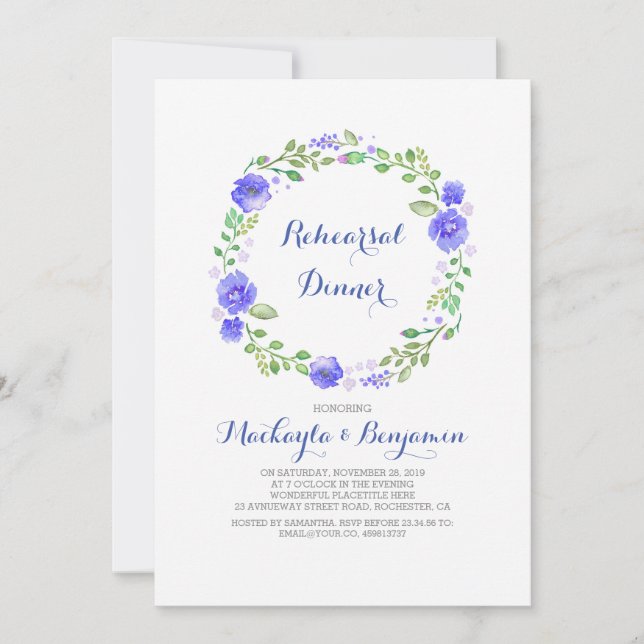 Invitación cena de ensayo de wreath floral de acuarela (Anverso)