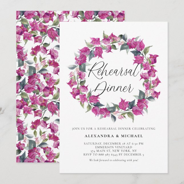 Invitación Cena de ensayo de Wreath Purple Bougainvillea (Anverso / Reverso)
