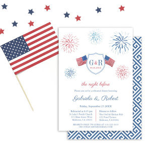 Invitación Cena de ensayo del 4 de julio del Boda azul rojo