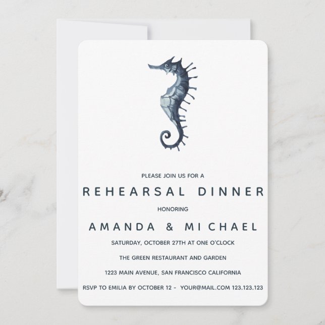 Invitación Cena de ensayo del Boda de caballito de mar azul (Anverso)
