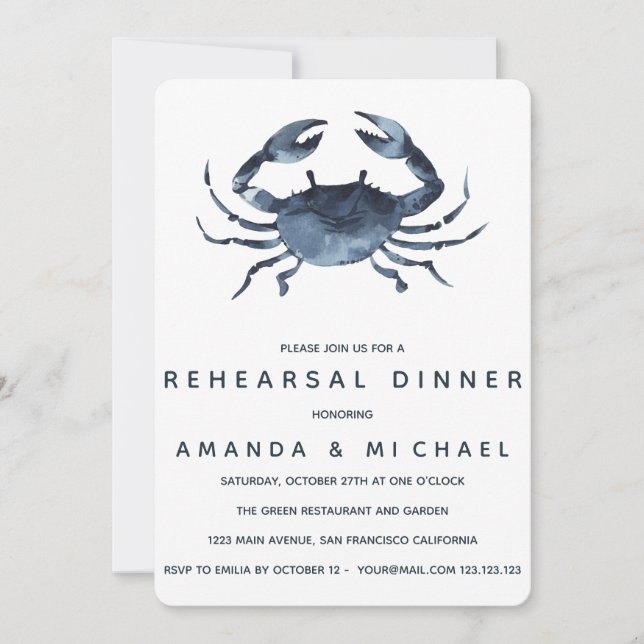 Invitación Cena de ensayo del Boda de cangrejo azul (Anverso)