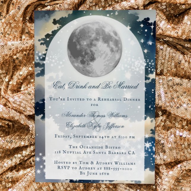 Invitación Cena de ensayo del Boda del cielo nocturno lunar (Lunar Night Sky Wedding Rehearsal Dinner Invitation)