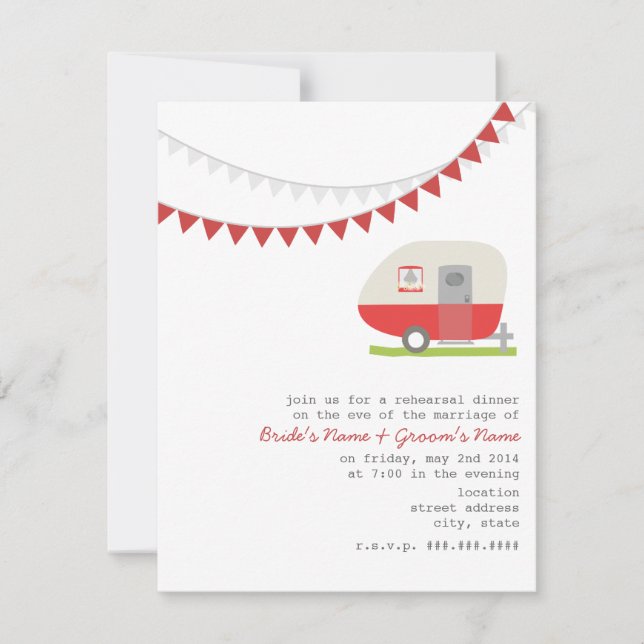 Invitación Cena de ensayo del Boda del remolque rojo retro (Anverso)