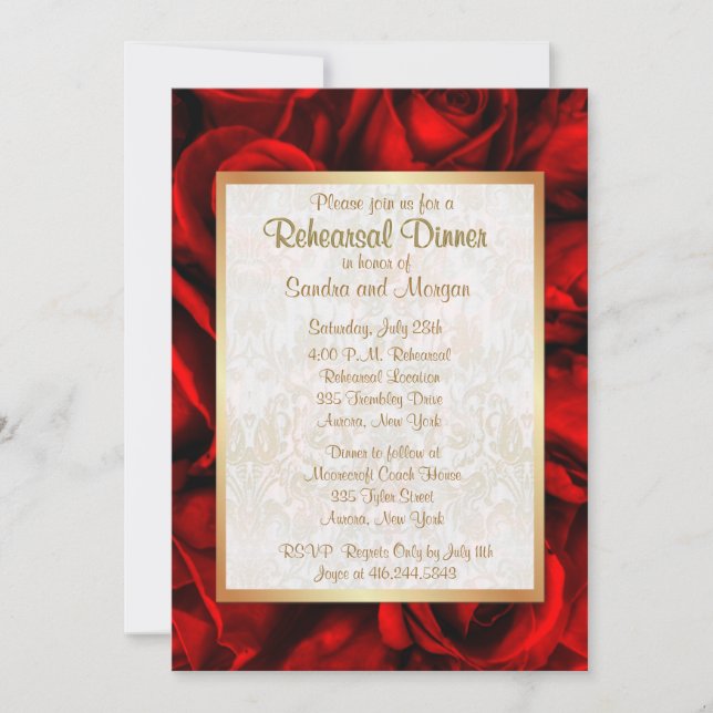 Invitación Cena de ensayo del Boda Rosa Rojo (Anverso)