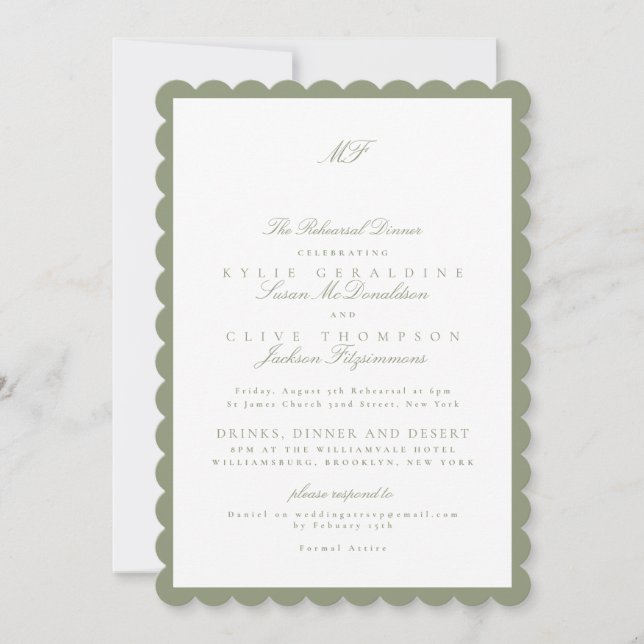 Invitación Cena de ensayo del Boda verde sabio clásico (Anverso)
