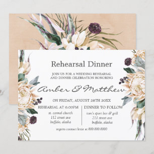 Invitación Cena de ensayo del Boho Blanco Protea Invita