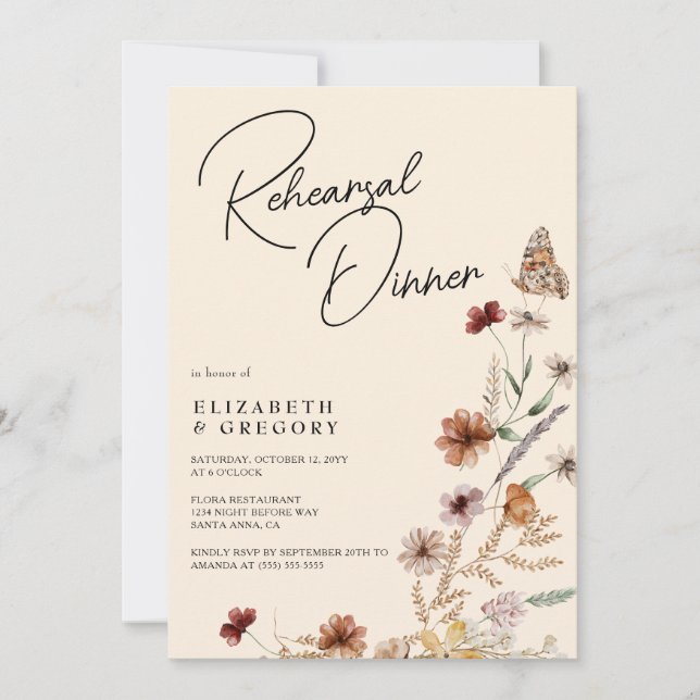 Invitación Cena de ensayo del Boho Wildflowers de otoño (Anverso)