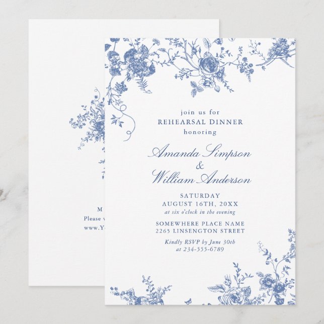 Invitación Cena de ensayo del jardín francés azul victoriano (Anverso / Reverso)