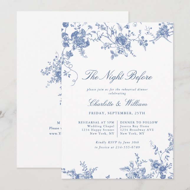 Invitación Cena de ensayo del jardín francés azul victoriano (Anverso / Reverso)