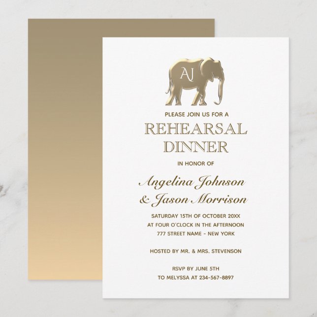 Invitación Cena de Ensayo Dorada (Anverso / Reverso)